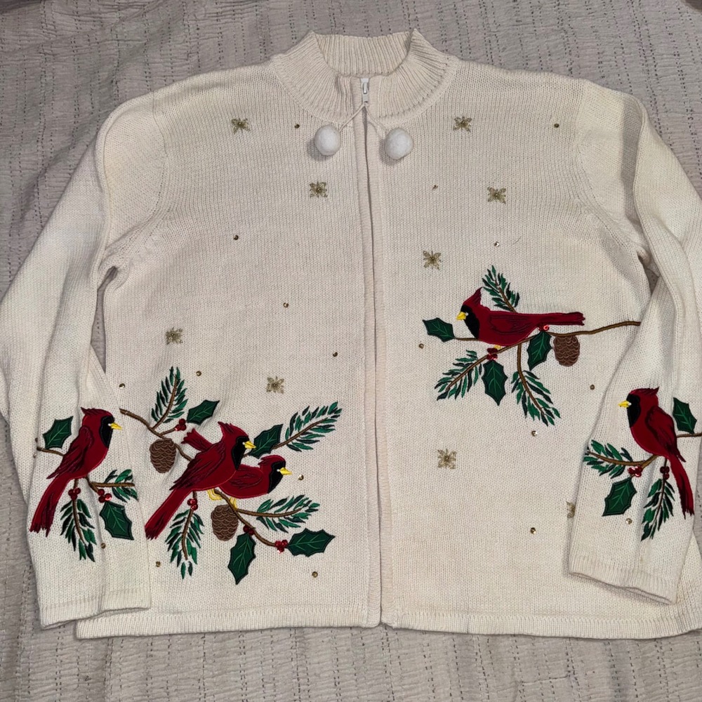 Vintage Ms. Lee Christmas Cardinal Embroidered Zip Up Cardigan Sweater Cream M
